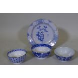 An C18th/C19th pearlware bowl with blue and white transfer decoration of harebells, repairs to foot,