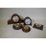 A Smiths of Enfield bakelite mantel clock, 20cm high, a mahogany cased mantel clock with mother of