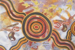 John Smith Gumbula, Australian aboriginal art, two women looking for bush food, signed print on