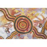 John Smith Gumbula, Australian aboriginal art, two women looking for bush food, signed print on