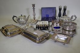 A quantity of silver plated wares, entree dishes, tea pots, tray etc, Sheffield plate candlestick,
