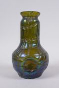 An iridescent Loetz glass vase with a dimple design, AF chip to rim and base, 16cm high