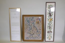 A C19th French lace sample dated 1890, framed, 28 x 85cm, an embroidery and embroidered map of the