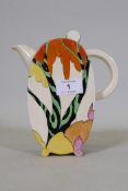 A Clarice Cliff Bizarre Fantasque Bonjour tea pot and cover, Honolulu pattern, stamped to