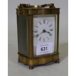 A brass cased glass carriage clock with enamel dial, glass chipped, dial cracked, 12cm high