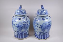 A pair of Chinese blue and white porcelain jar and covers with lion mark, kylin and fo dog