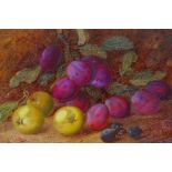 Vincent Clare, study of plums, apples and grapes on mossy bank, signed oil on canvas, 20 x 30cm