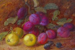 Vincent Clare, study of plums, apples and grapes on mossy bank, signed oil on canvas, 20 x 30cm
