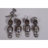 Four silver Fumsup touch wud pendant charms, 3cm long