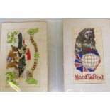 A collection of WWI silk postcards, souvenirs of Rouen, Belgium, Ypres, good luck, patriotic,