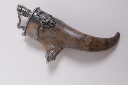 An antique 925 silver mounted powder horn, 14cm long