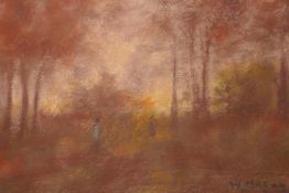 Two unframed pastels, figures on a woodland path, signed William Mason, and a landscape, signed