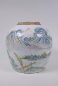 A C19th Chinese porcelain ginger jar with famille verte mountain river landscape decoration,