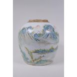 A C19th Chinese porcelain ginger jar with famille verte mountain river landscape decoration,