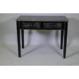 An OKA black lacquer two drawer side table with gilt chinoiserie decoration, raised on square