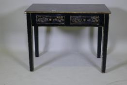 An OKA black lacquer two drawer side table with gilt chinoiserie decoration, raised on square