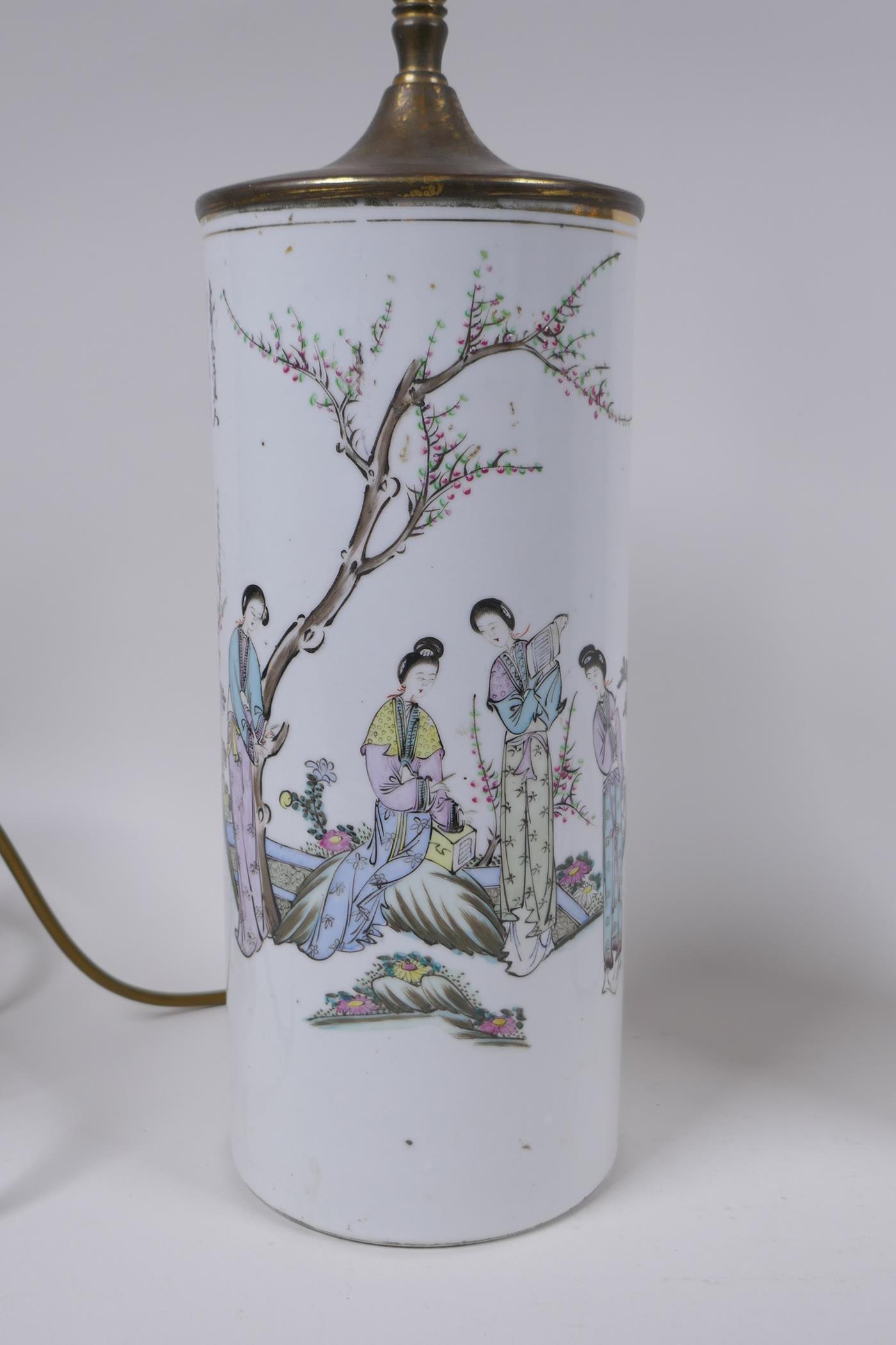 A pair of Chinese Republic porcelain cylinder vases decorated with women of leisure in a garden, - Image 2 of 9