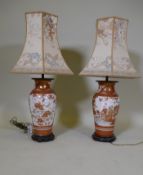 A pair of Meiji Kutani vases converted to table lamps, 32cm high, 64cm with shades