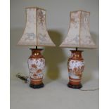 A pair of Meiji Kutani vases converted to table lamps, 32cm high, 64cm with shades