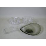 A Brierley cut glass bowl, 25cm diameter, an Orrefors 'Corona' bowl, a glass dish and bowl, signed