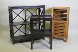 An OKA open shelf, AF veneer split to top, 85 x 33 x 89cm, an OKA two tier lamp table and a
