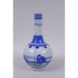 A blue and white porcelain bottle vase decorated with a figure riding a buffalo drawn raft,