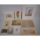 A folder of unframed watercolours and ink drawings, landscapes, botanical studies, and other scenes,