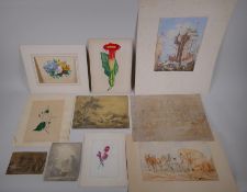 A folder of unframed watercolours and ink drawings, landscapes, botanical studies, and other scenes,
