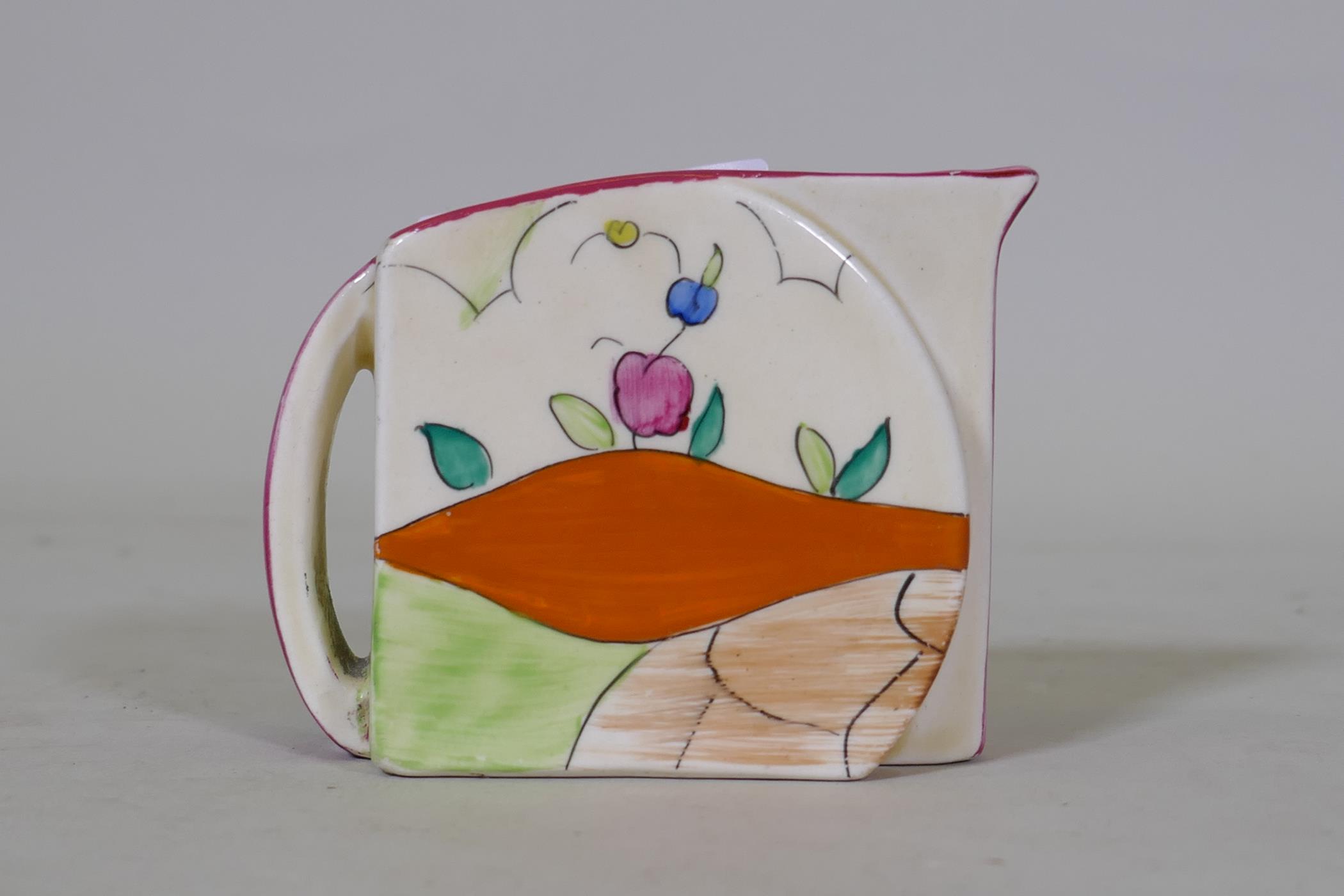 A Clarice Cliff Bizarre Stamford shape milk jug, Idyll pattern decoration, marked to base, 6.5cm - Image 2 of 4