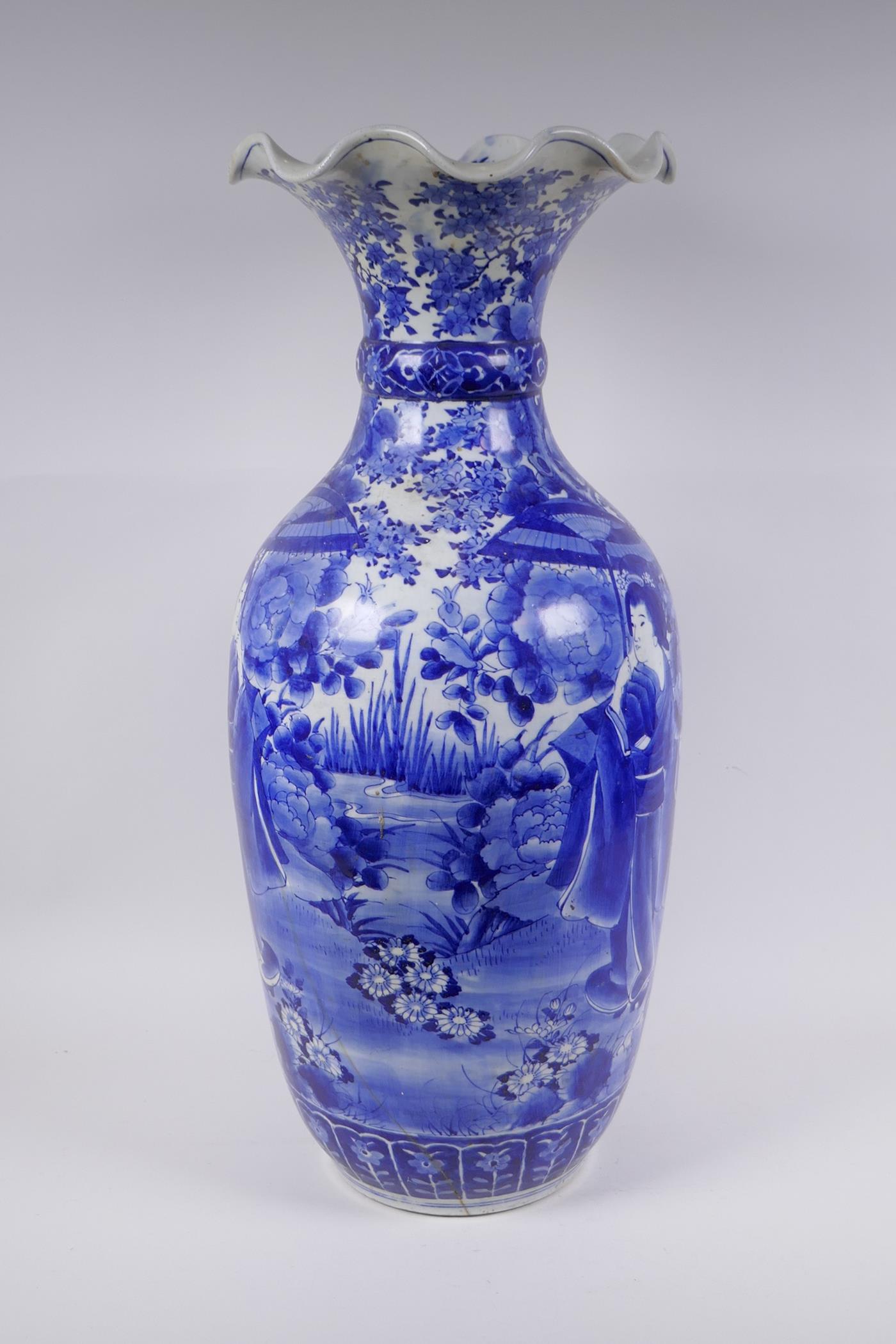 A Japanese Meiji period blue and white porcelain vase with a frilled rim, decorated with geisha - Image 2 of 7