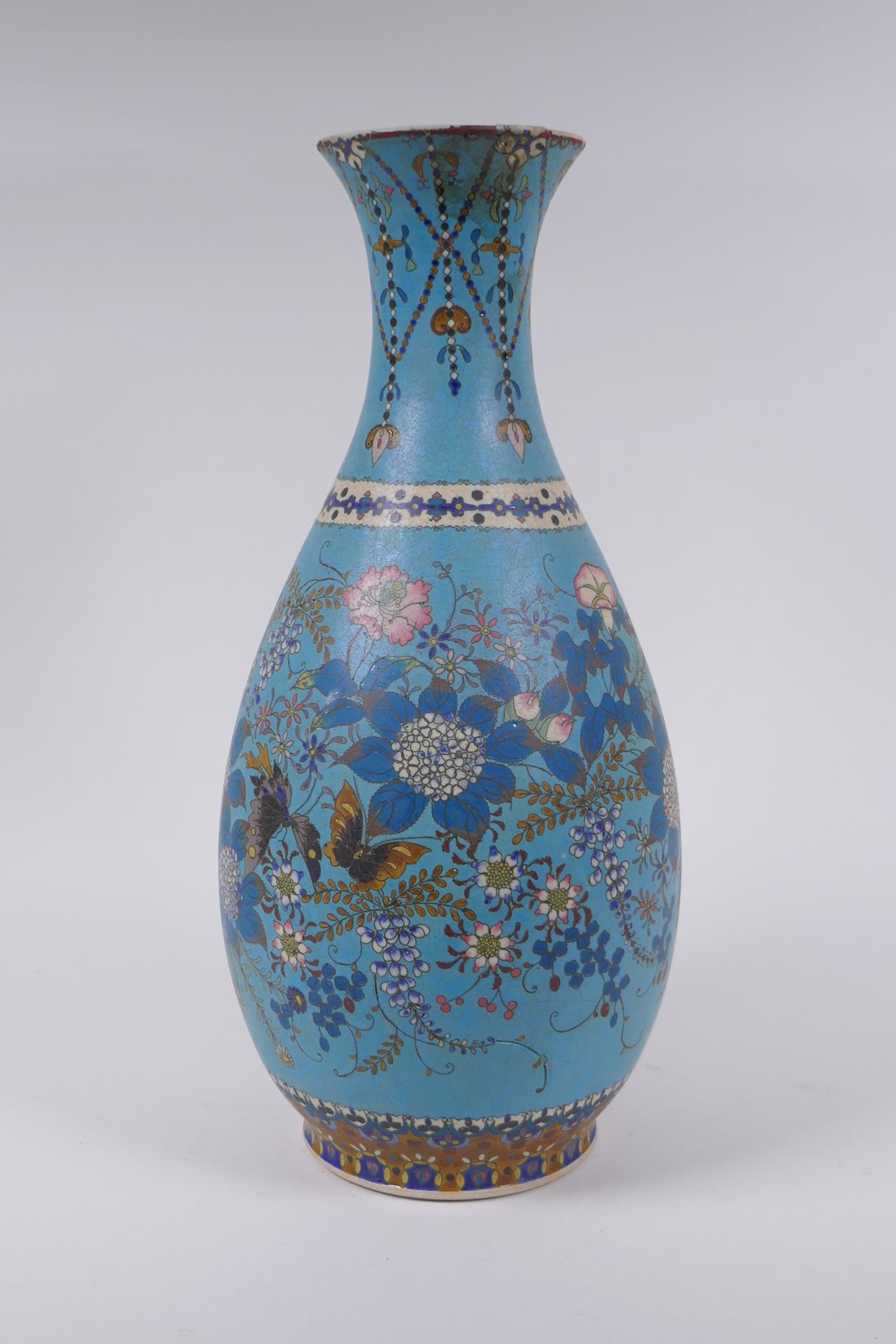 A Japanese Meiji period cloisonne on porcelain pear shaped vase with floral and butterfly - Image 3 of 8