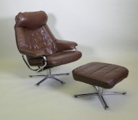 A mid century Norwegian reclining leather armchair and stool by Skoghaug Industries