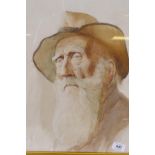 Bearded gentleman in a hat, late C19th/early C20th, unsigned, watercolour, 33 x 43cm