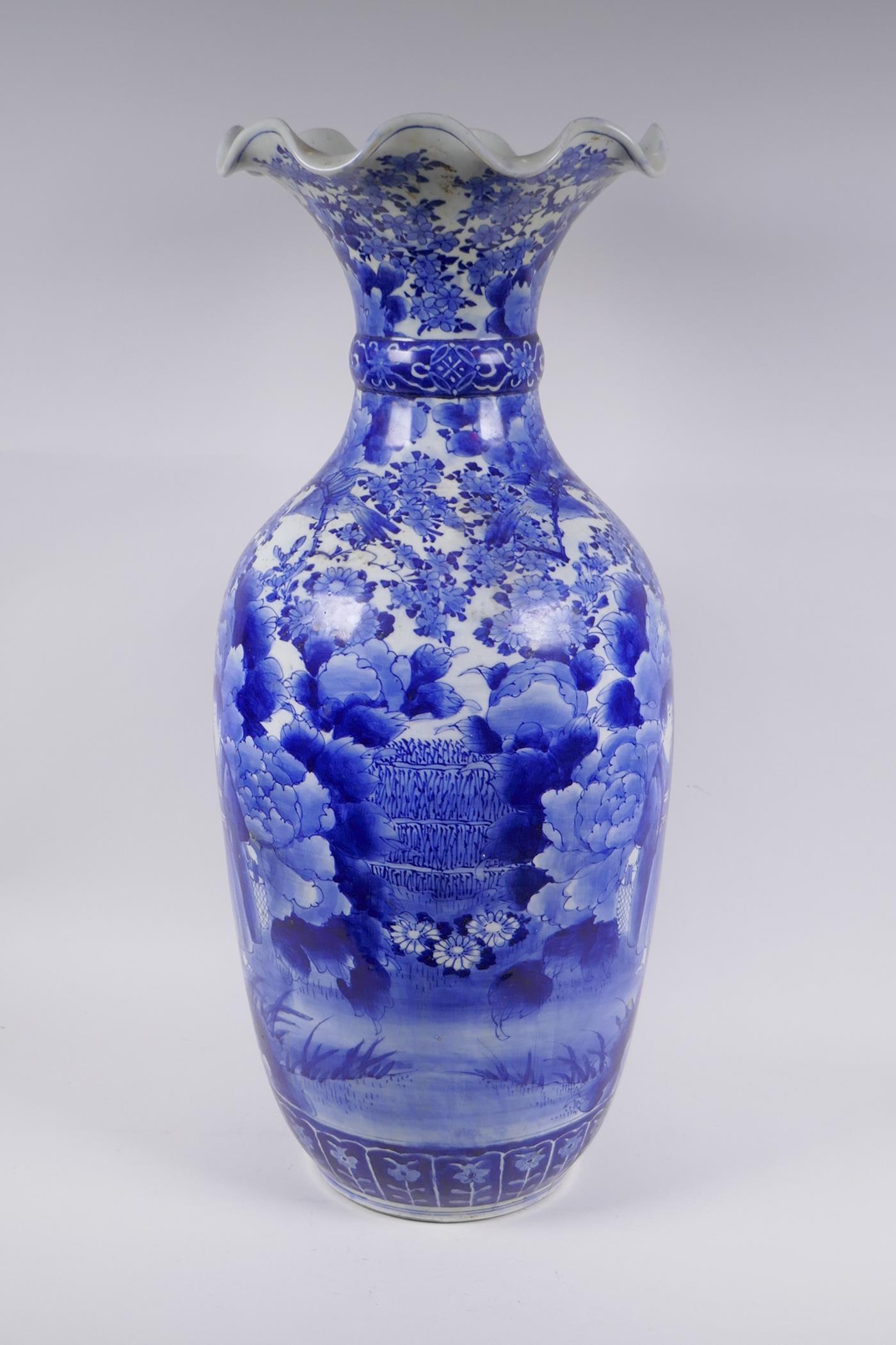 A Japanese Meiji period blue and white porcelain vase with a frilled rim, decorated with geisha - Image 4 of 7