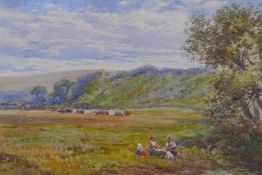 Chas Rowbotham, landscape with children and dog by a stream, signed watercolour, 16 x 31cm