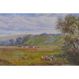 Chas Rowbotham, landscape with children and dog by a stream, signed watercolour, 16 x 31cm