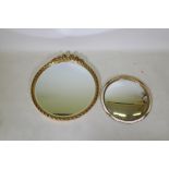 A mid century gilt wall mirror with bevelled glass, 43cm diameter and a smaller convex mirror