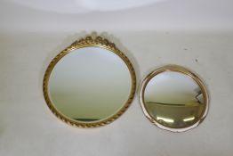A mid century gilt wall mirror with bevelled glass, 43cm diameter and a smaller convex mirror