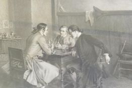 Jules Jacquet, three men in a tavern, engraving, signed, published 1900 London by L.H. Lefevre,