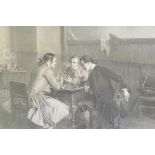 Jules Jacquet, three men in a tavern, engraving, signed, published 1900 London by L.H. Lefevre,