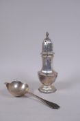 A hallmarked silver sifter, Birmingham 1905, 88g, AF holed, and a Viners silver tea strainer 53g