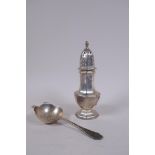 A hallmarked silver sifter, Birmingham 1905, 88g, AF holed, and a Viners silver tea strainer 53g