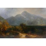 A C18th/C19th Scottish highland landscape with figures on a loch side road, re-lined, unframed, 81 x