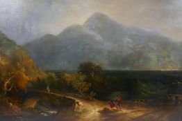 A C18th/C19th Scottish highland landscape with figures on a loch side road, re-lined, unframed, 81 x