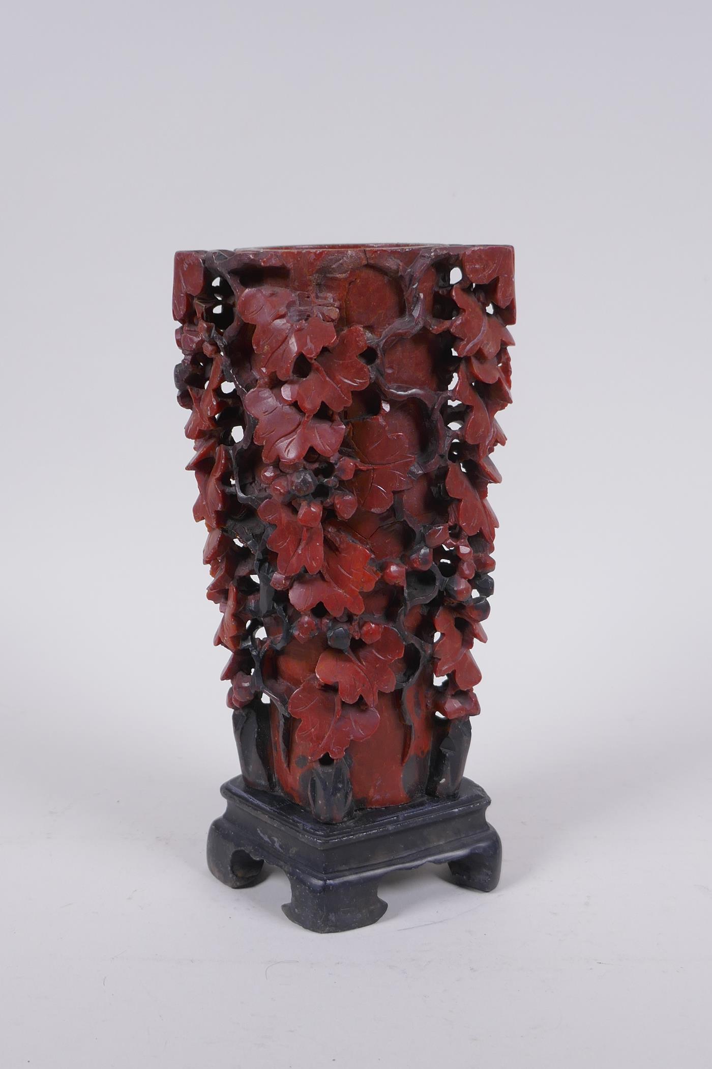 A Chinese carved soapstone vase with pierced grape vine decoration, AF repair, 20cm high - Image 3 of 6