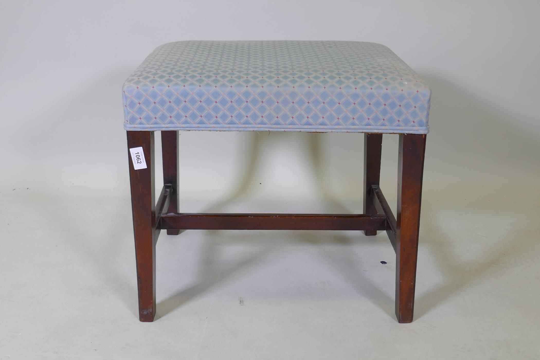 A C19th mahogany stool, raised on square tapering supports united by an H stretcher, 51 x 44 x 46cm - Image 2 of 3