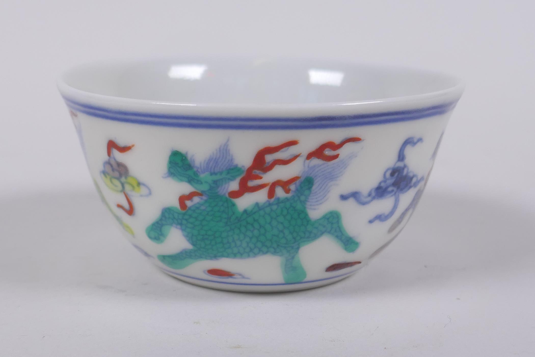 A doucai porcelain tea bowl with kylin decoration, Chinese Chenghua 6 character mark to base, 8cm - Image 3 of 6