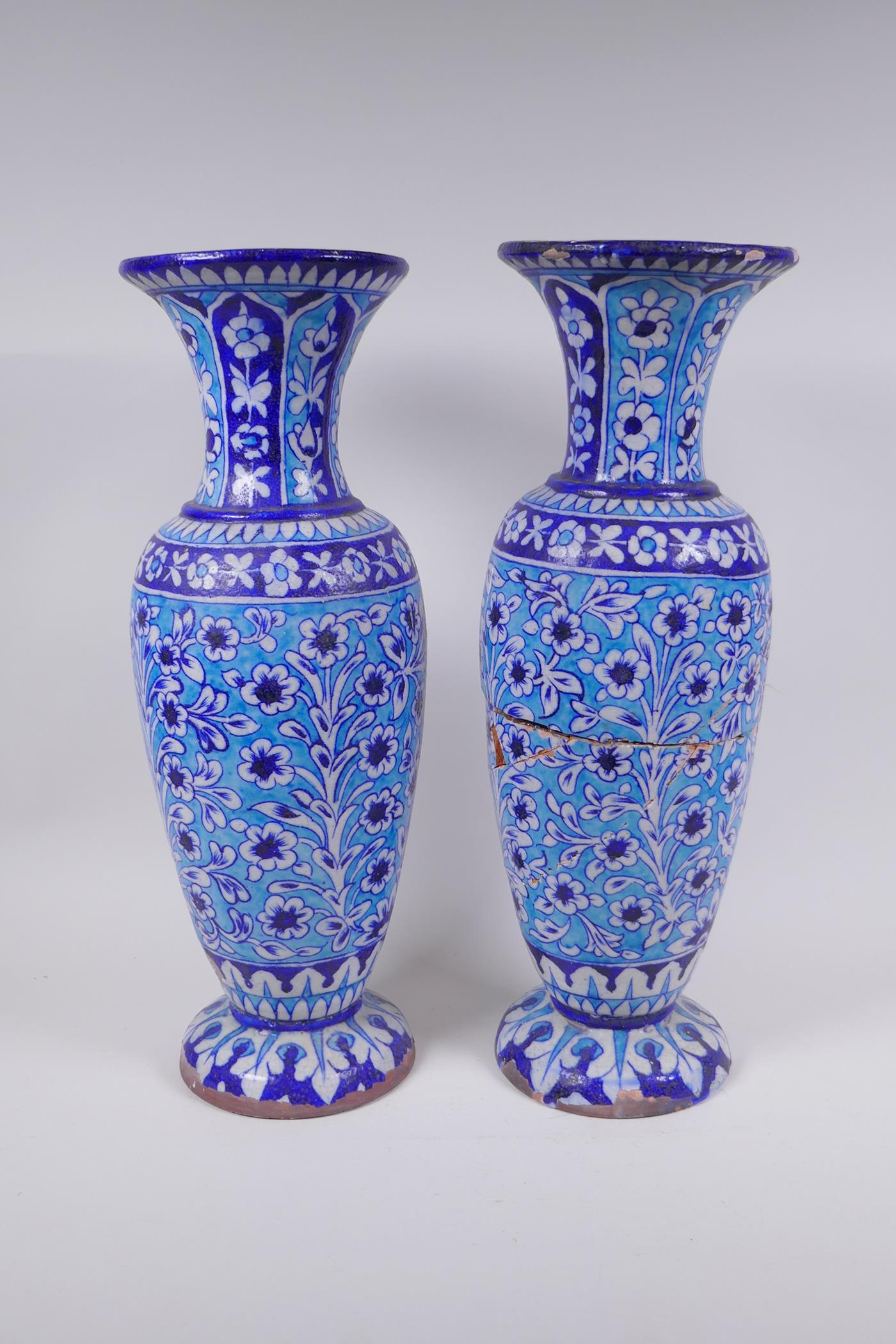 A pair of C19th Islamic Multan terracotta vases with blue Kashigari designs, AF, 46cm high - Image 3 of 5