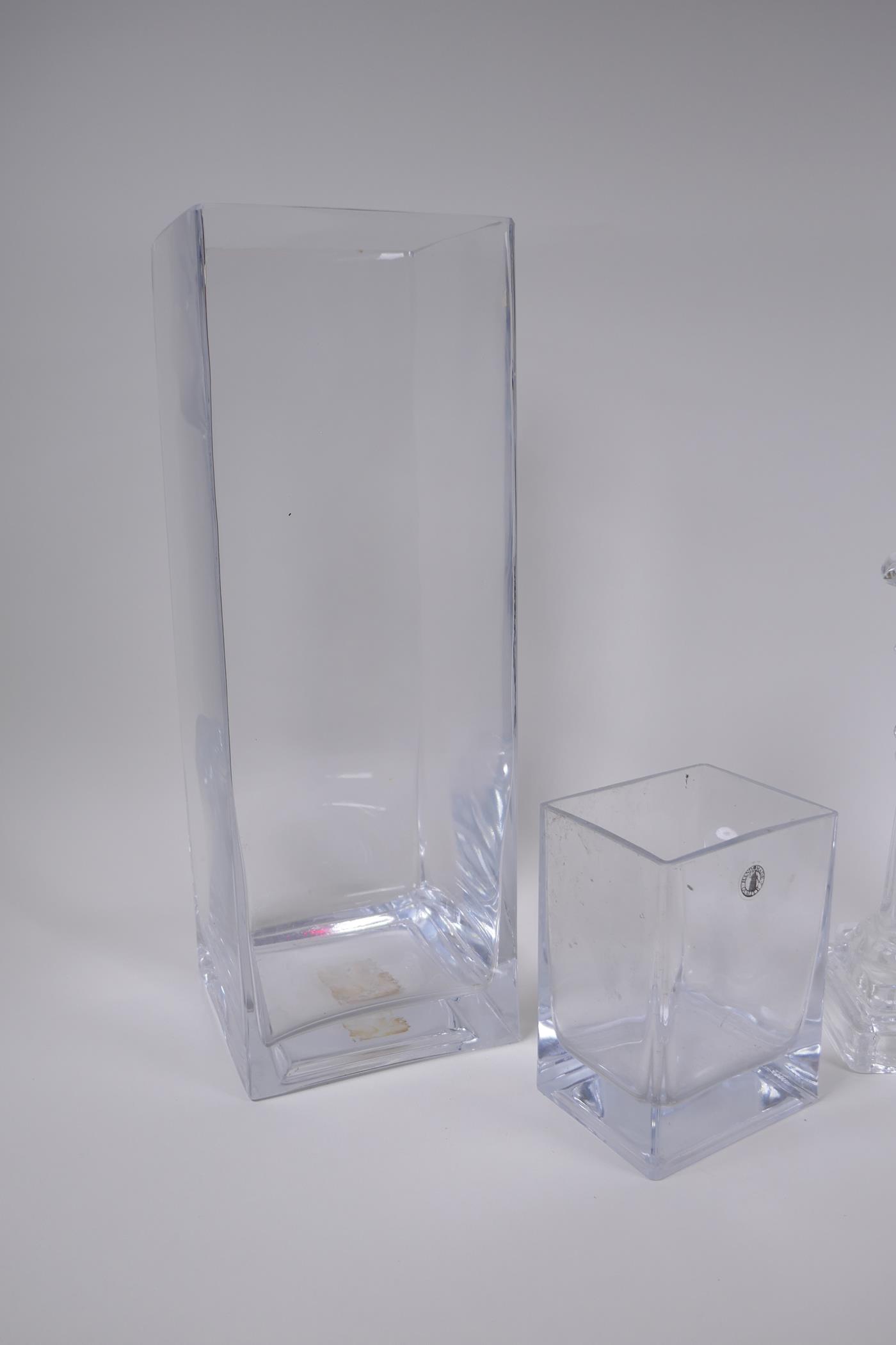A contemporary handmade glass vase of square form and another smaller, together with a pair of - Image 4 of 6