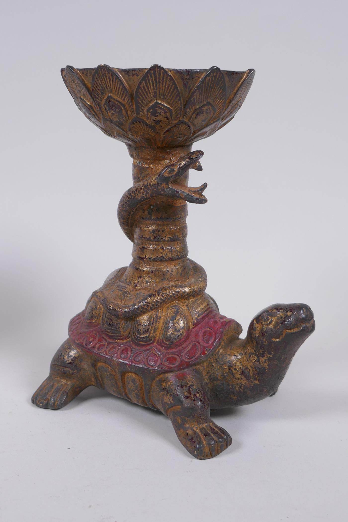 A pair of Chinese gilt and painted bronze pricket candlesticks raised on the backs of tortoises, - Image 2 of 7